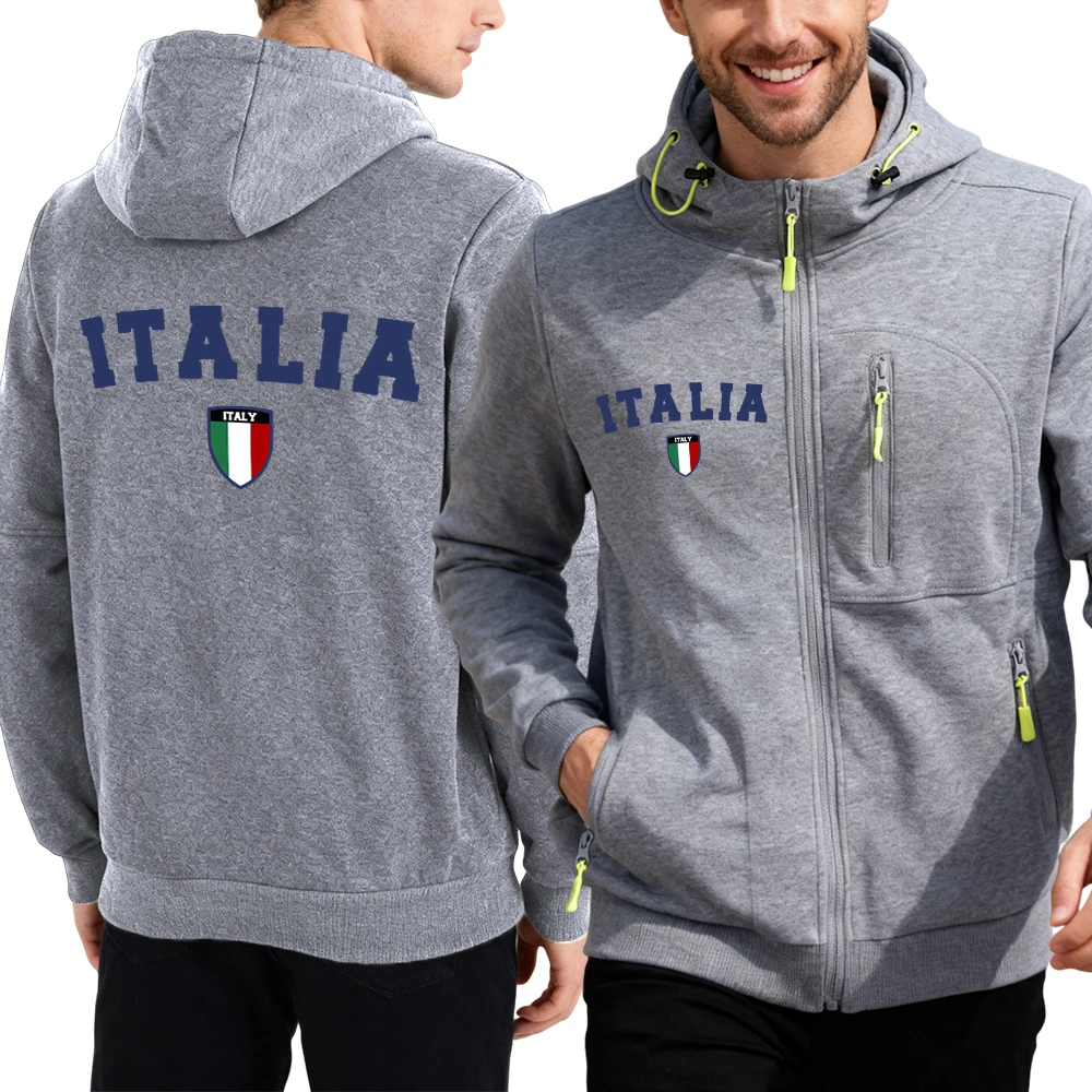 

Italia Letter National Flag Badge Printed Zipper Hoodie Men Street Fleece Hoody Fashion Personality Clothing Autumn Hooded