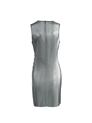 Imagen 2 del producto Vestido ajustado plisado de metal liso para comercio exterior, vestido sexy con cuello en V, botón de bloqueo de color, moda informal, nuevo