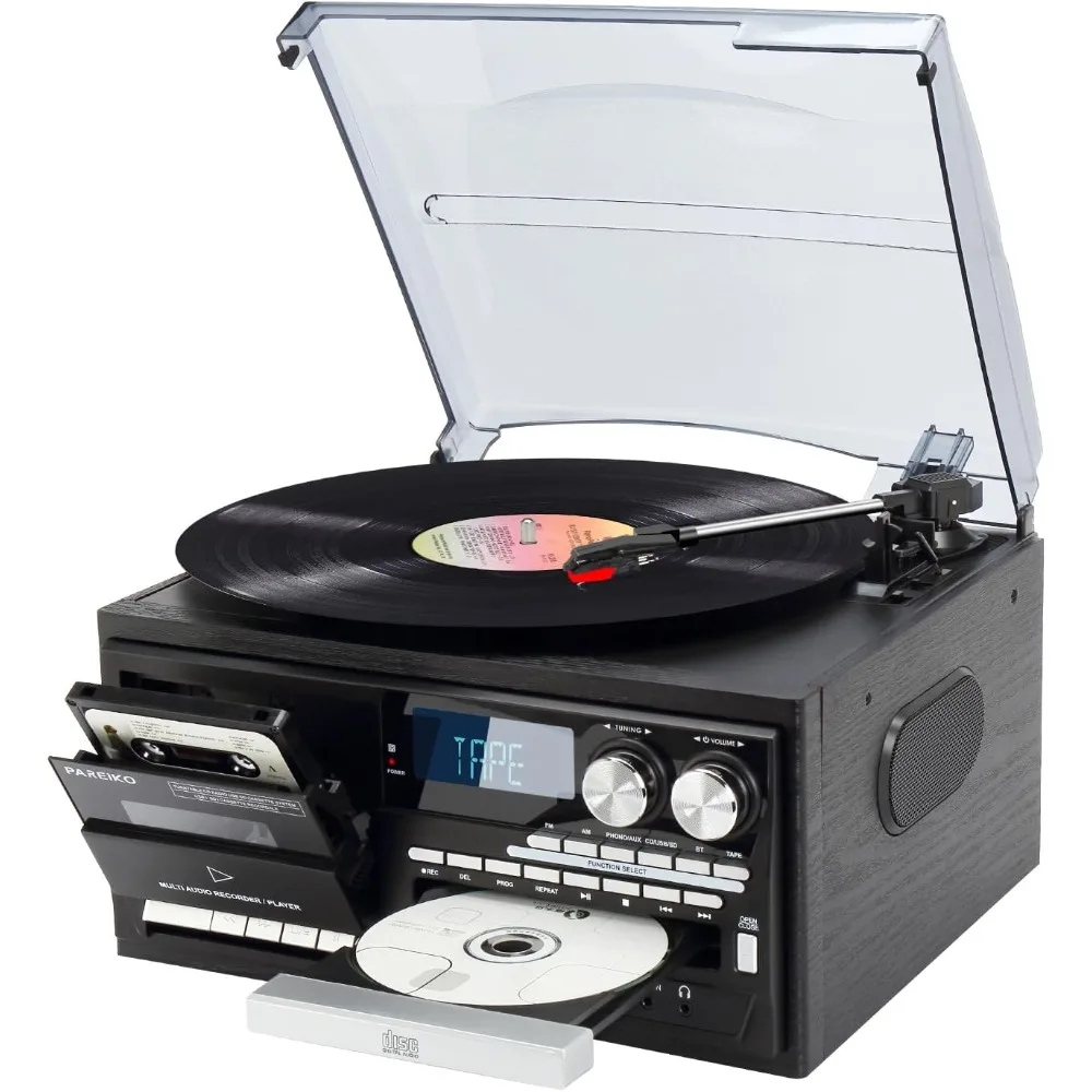 

US Shipping Vintage 9-in-1 Record Player with Bluetooth AM FM Radio CD Cassette USB SD Playback Aux Input Remote