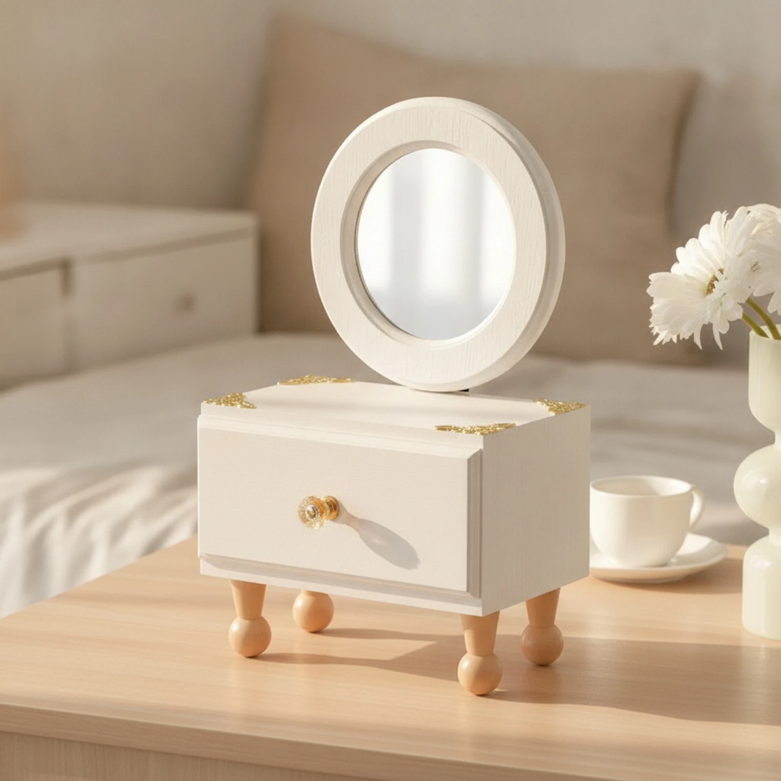 White Jewelry Box with Gold Corner Fittings Elegant Wooden Jewelry Storage Box Sturdy Giftable for Vanity Area, Dressing Table