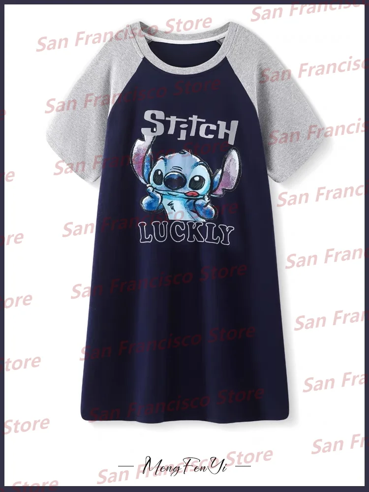 24 miniso Vestido de manga corta transpirable para niños y adultos, pijama informal con estampado de dibujos animados de Disney Stitch, ideal para exteriores del hogar, novedad de verano