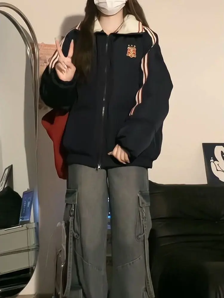 

Korean Sle Loose Fit Embroidered Cotton Jaet Women's Winter Coat Warm Collar Stripe Bae Casual Commute Polyester Fill