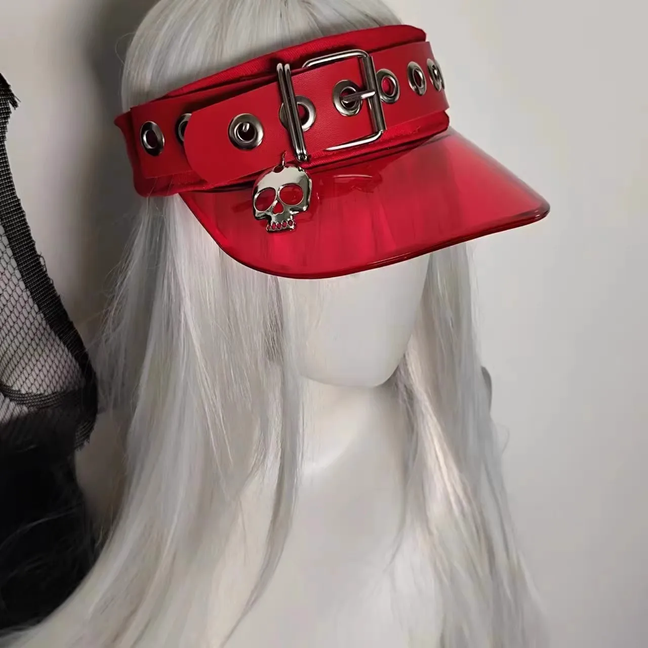 Skull baseball cap 2000s punk subculture low-profile no-top sun hat with unique leather buckle and jelly-like brim open-top hat. view 2