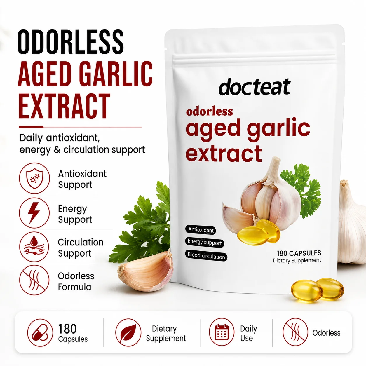 

Docteat Aged Garlic Extract Softgels Odorless Formula Organic Sulfides 180 CT Daily Nutrition Support for Everyday Wellness