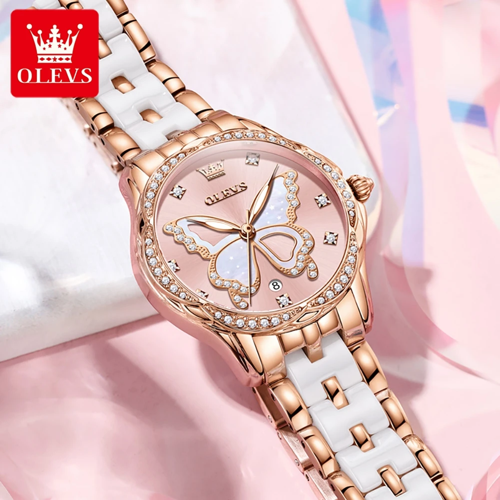 OLEVS New Womens Watches Top Brand Luxury Ceramics Quartz Watch for Women Imported Movement Fashion Date Women Wristwatches