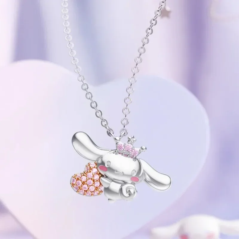 

New Sanrio Kawaii Anime Cinnamoroll Necklace Cute Sweet Love Pink Diamonds Delicate Romantic Silver Girl Jewelry Birthday Gift