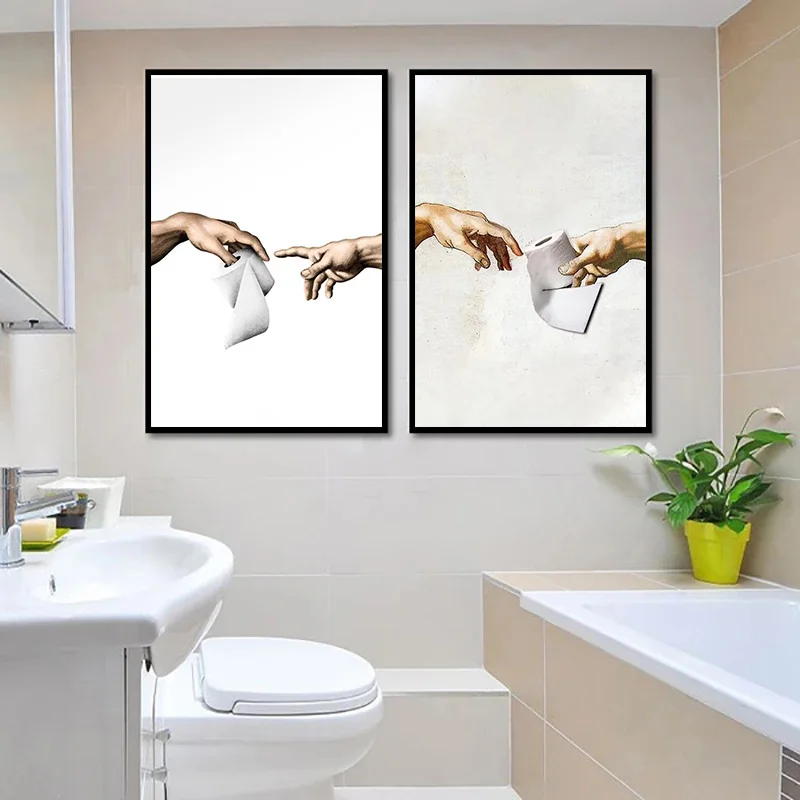 Retro Hand of God and Adam Funny Toilet Paper Picture Canvas Painting Poster For Wash Room Bathroom Living Wall Art Home Decor