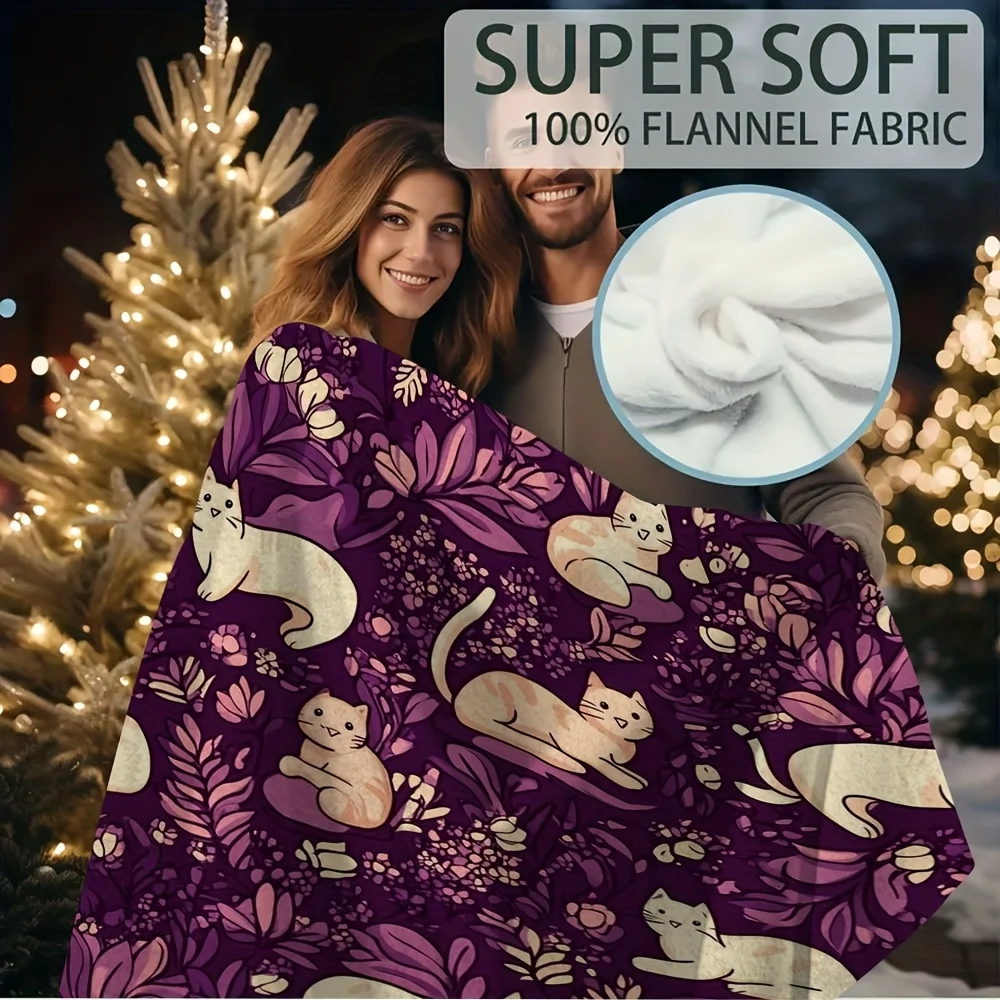 1pc Vintage Style Cat and Floral Pattern Throw Blanket, 60x80inch, Soft A-Line Single-Sided Printed Coverup for Sofa