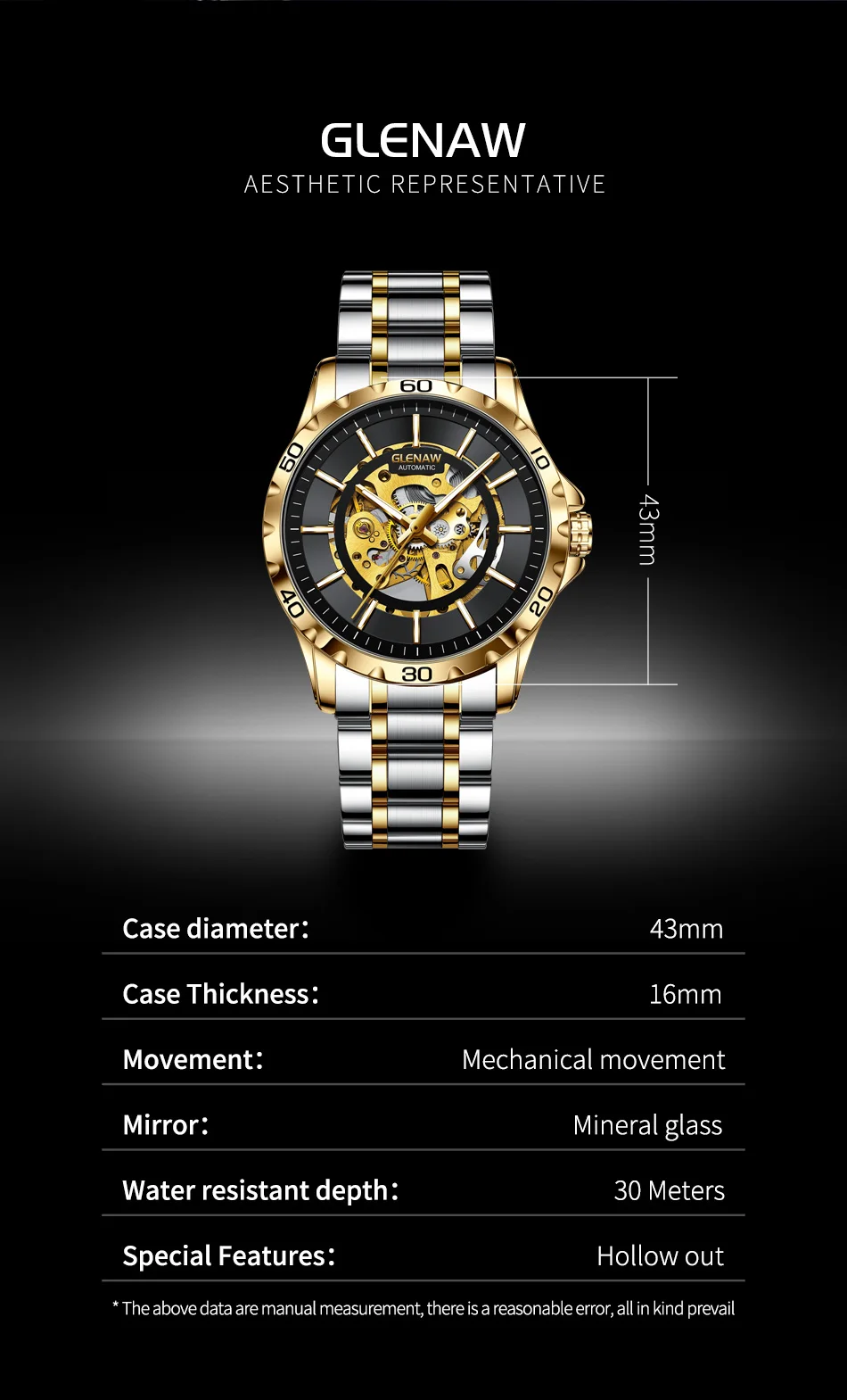 GLENAW-ساعة حركة ميكانيكية أوتوماتيكية بالكامل للرجال ، ستانلس ستيل ، كرونوغراف مقاوم للماء ، ساعة مضيئة ، مقياس الطلب ، ذكر ، رجال