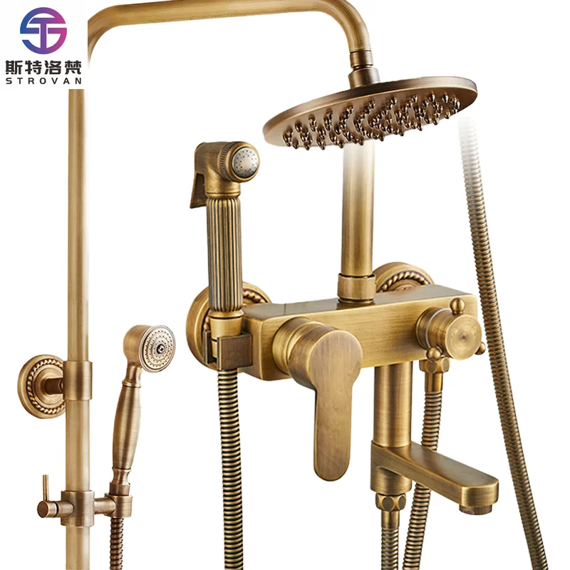 

European Single- Handle Gold Shower Set Bathroom Faucet Rain Brass Shower Head Floor Stand Faucet for Apartment