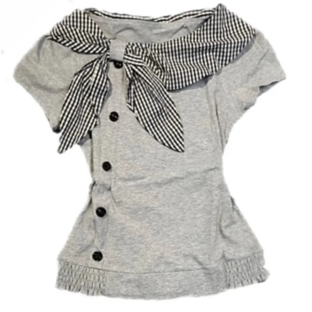 Short Sleeved Irregular T Shirts Plaid Pattern Navy Collar Plaid Button T Shirts Millennium Style Button Front