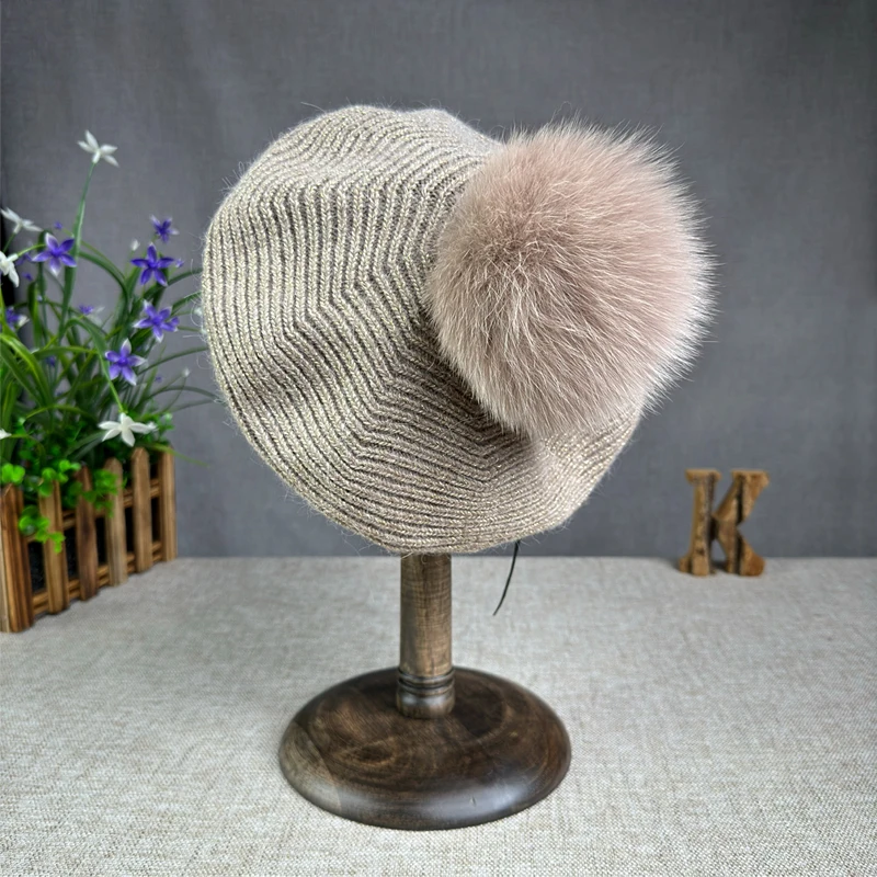 2024 New Women\'s AutumnWinter Versatile Fox Hair Ball Knitted Hat Rabbit Hair Knitted Beret Ear Protector Warm Headcap