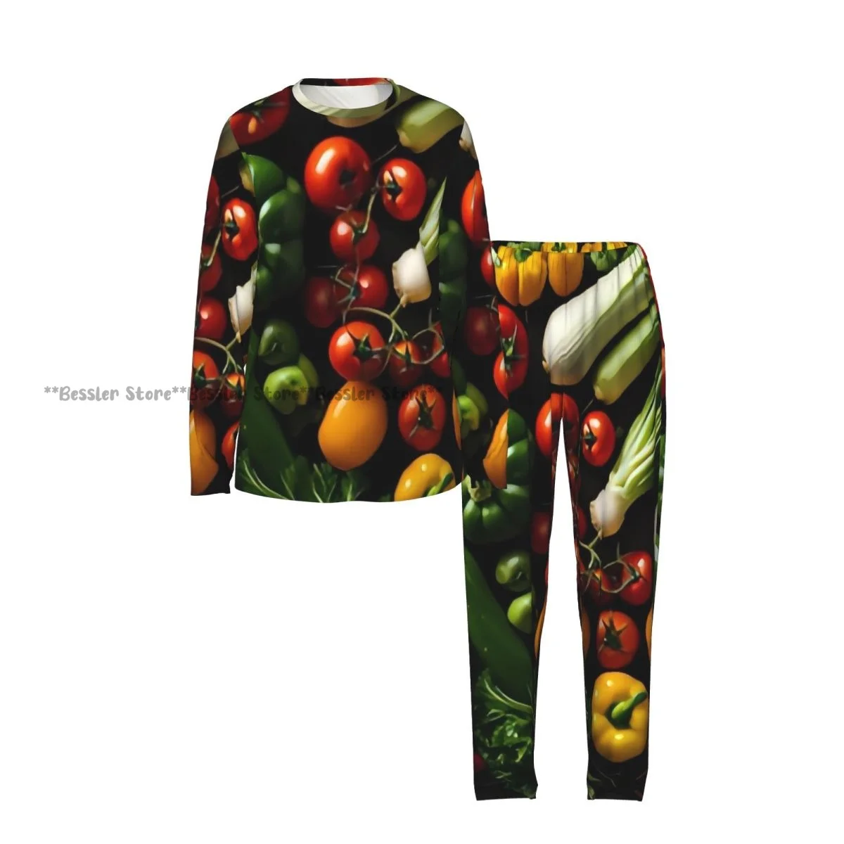 2 Piece Loungewear Women Pajama Sets Vegetables Featuring Broccoli Tomatoes Peppers Homewear Sleepwear Long Sleeve Nightwear