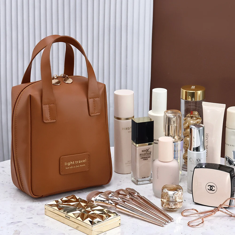 سعة كبيرة بو الجلود حقيبة مستحضرات التجميل ، حقيبة غسيل محمولة ، منظم ماكياج ، أداة تخزين مع مقبض ، الموضة