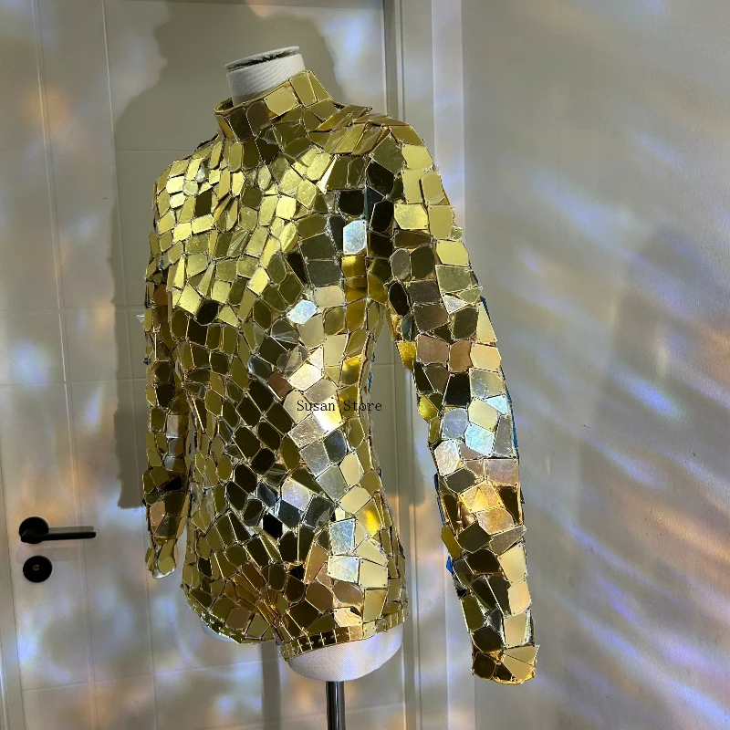 골드 미러 여성 의상 하이넥 긴팔 점프수트 나이트클럽 바 DJ DS 고고 댄서 공연 무대 의상 섹시 의류