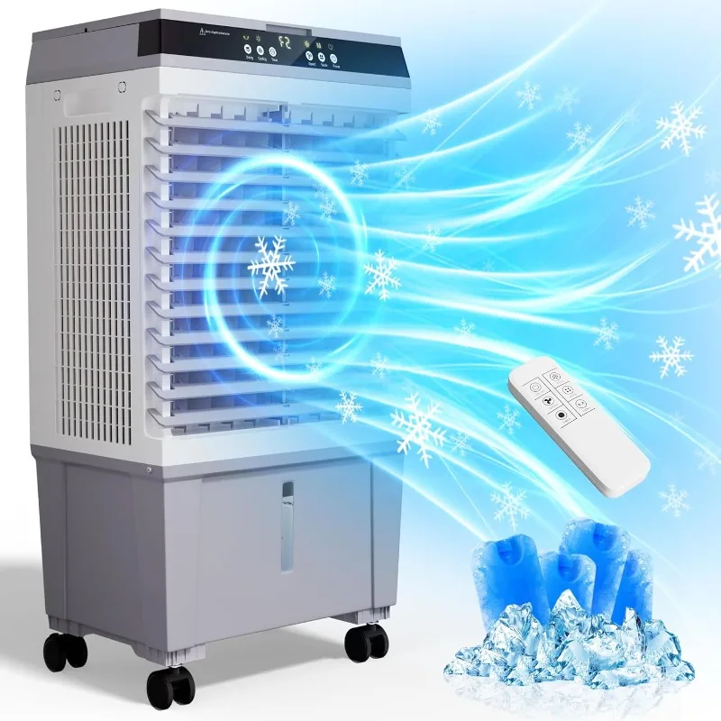 Climatizador Swamp Cooler, enfriador de aire evaporativo con depósito de agua de 5,3 galones, 4 cajas de hielo, control remoto, temporizador de 12 horas, 120 ° Oscilación,