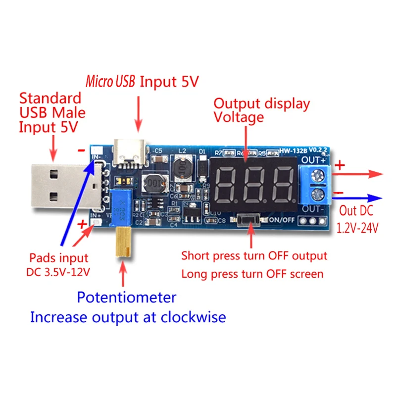 Boost Buck Converter micro USB Step UP / Down Power Supply Module DC-DC 5V to 3.3V / 12V Adjustable Out DC 1.2V-24V