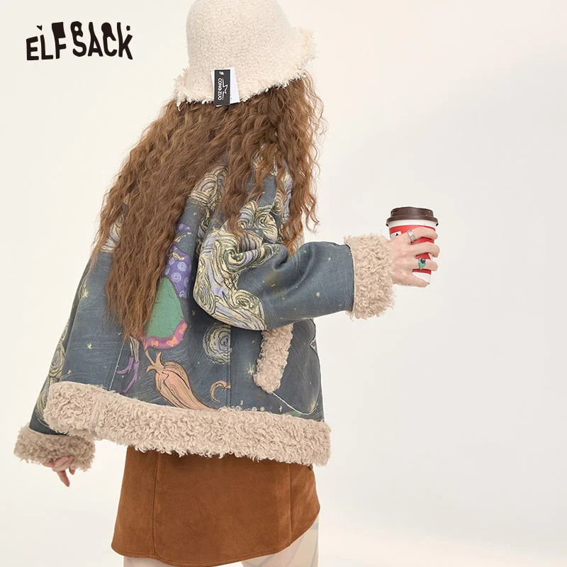 Elfsack 2024 inverno recém chegados original impressão completa de pelúcia engrossado casaco para mulher retro bruxa impressão com zíper costura pele