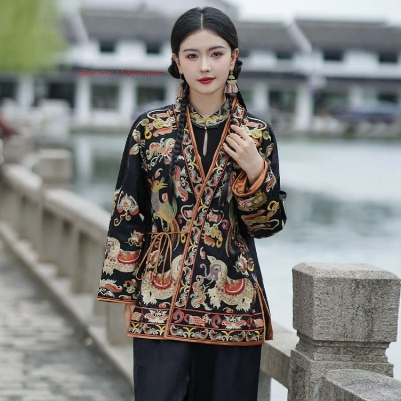 

2024 traditional chinese vintage coat national flower embroidery hanfu tops retro v-neck jacket satin jacquard folk cardigan