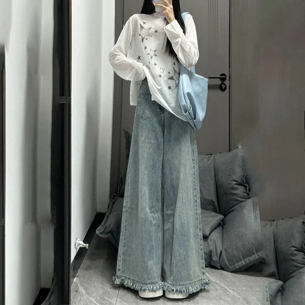 

High Waist Wide Leg Pants Bell Bottoms Retro Loose Pants Light Blue Bell Bottoms Polyester Fabric Regular Length
