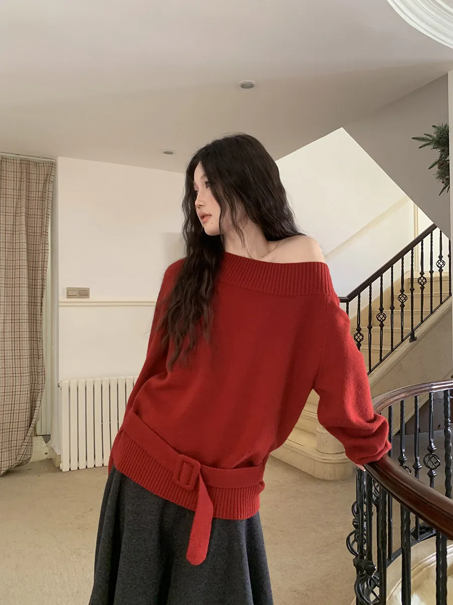 

Red Belt Design Knitted Top Women's Winter Casual Loose Fit Long Sve One-oulder Slimming Color Comfortable Knitwear