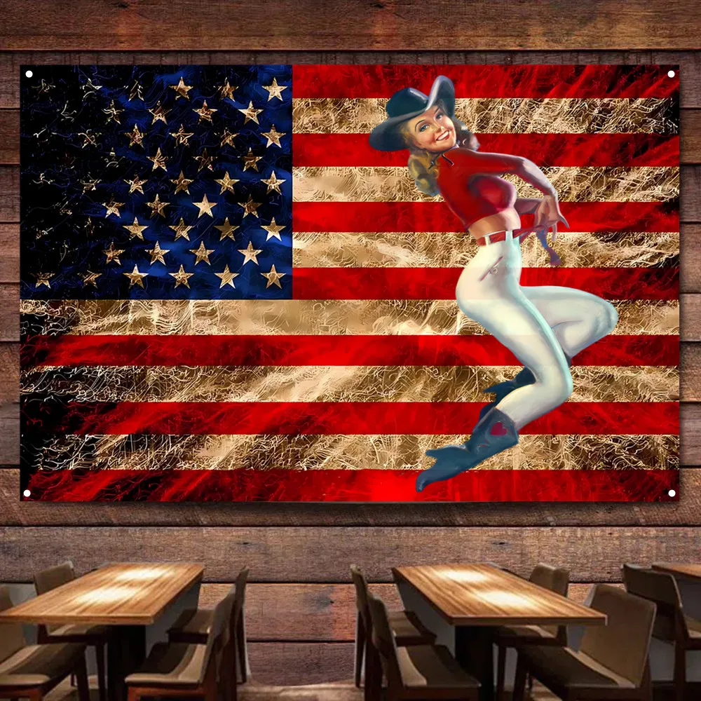 Funny Pin Up Girl Print Art Banner Nostalgic Vintage American Flag Tapestry Wall Art Posters Outdoor Indoor Home Room Decor A0