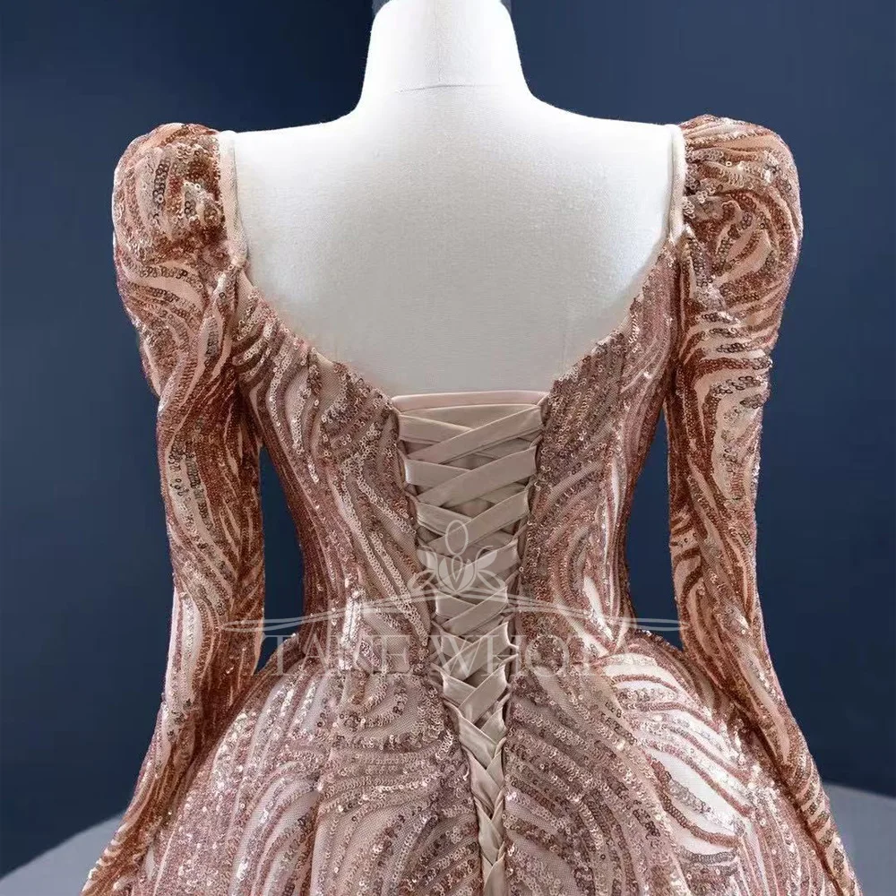 Vestido de fiesta de lujo para mujer, escote en forma de corazón de cristal con lentejuelas, manga larga, con cordones en la espalda, sirena de noche dorada personalizada