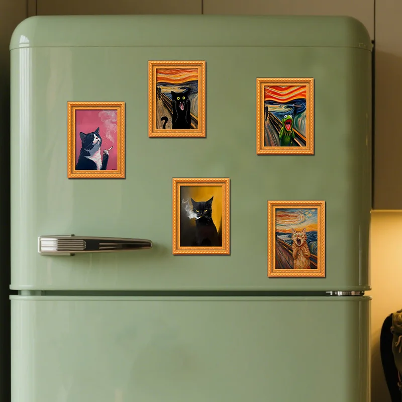 Ins Black Cat Series Retro Screaming Cat Picture Frame Refrigerator Magnets Rental House Decoration Magnetic Oil Painting Style