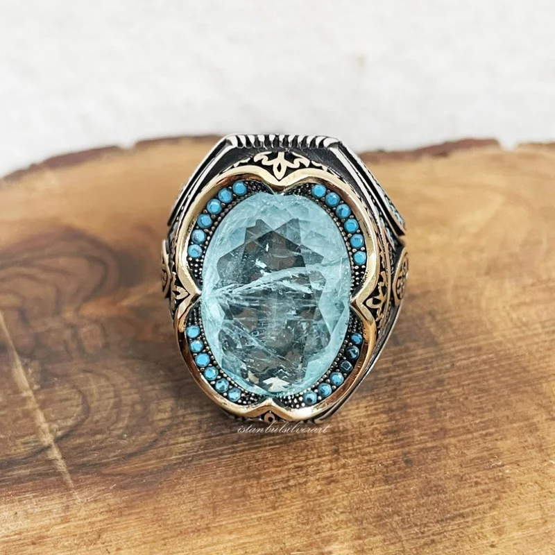 Vintage Metal Craftsman Engraved Signet Ring Inlaid Sea Blue Zircon Men\'s Business Punk Biker Ring