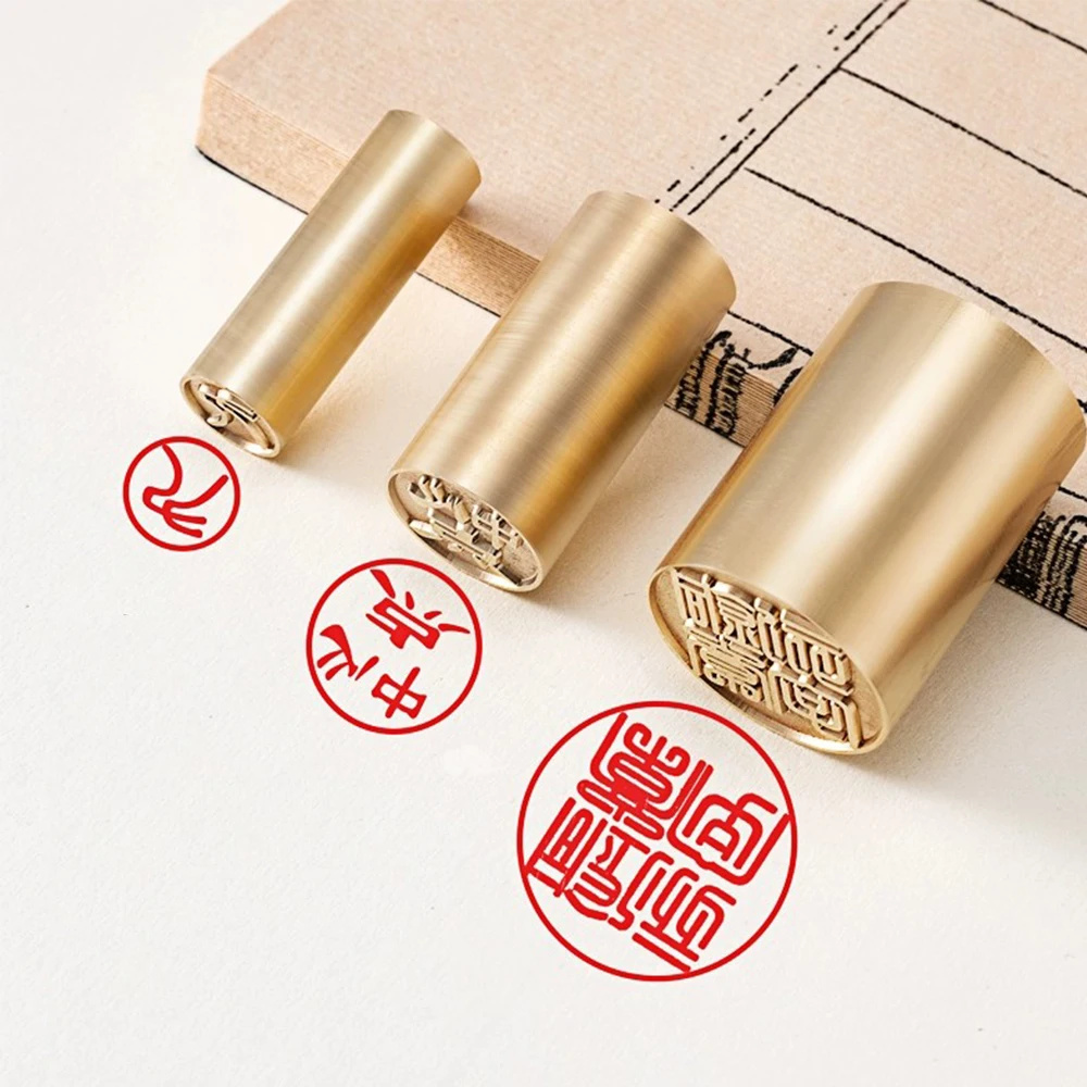 Round Solid Brass Seal Chinese English Korean Kanji Name Stamp Logo Picture Customized Calligraphy Painting Signature Metal Seal