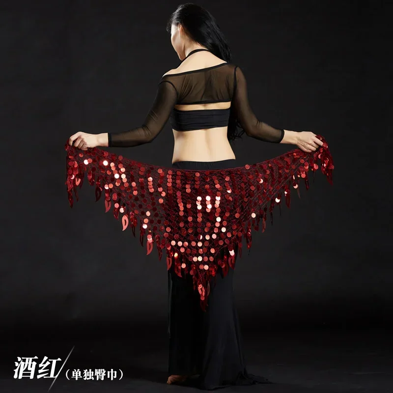 Bufanda de cadera de danza del vientre para mujer, faldas envolventes triangulares de malla con lentejuelas, top de danza oriental