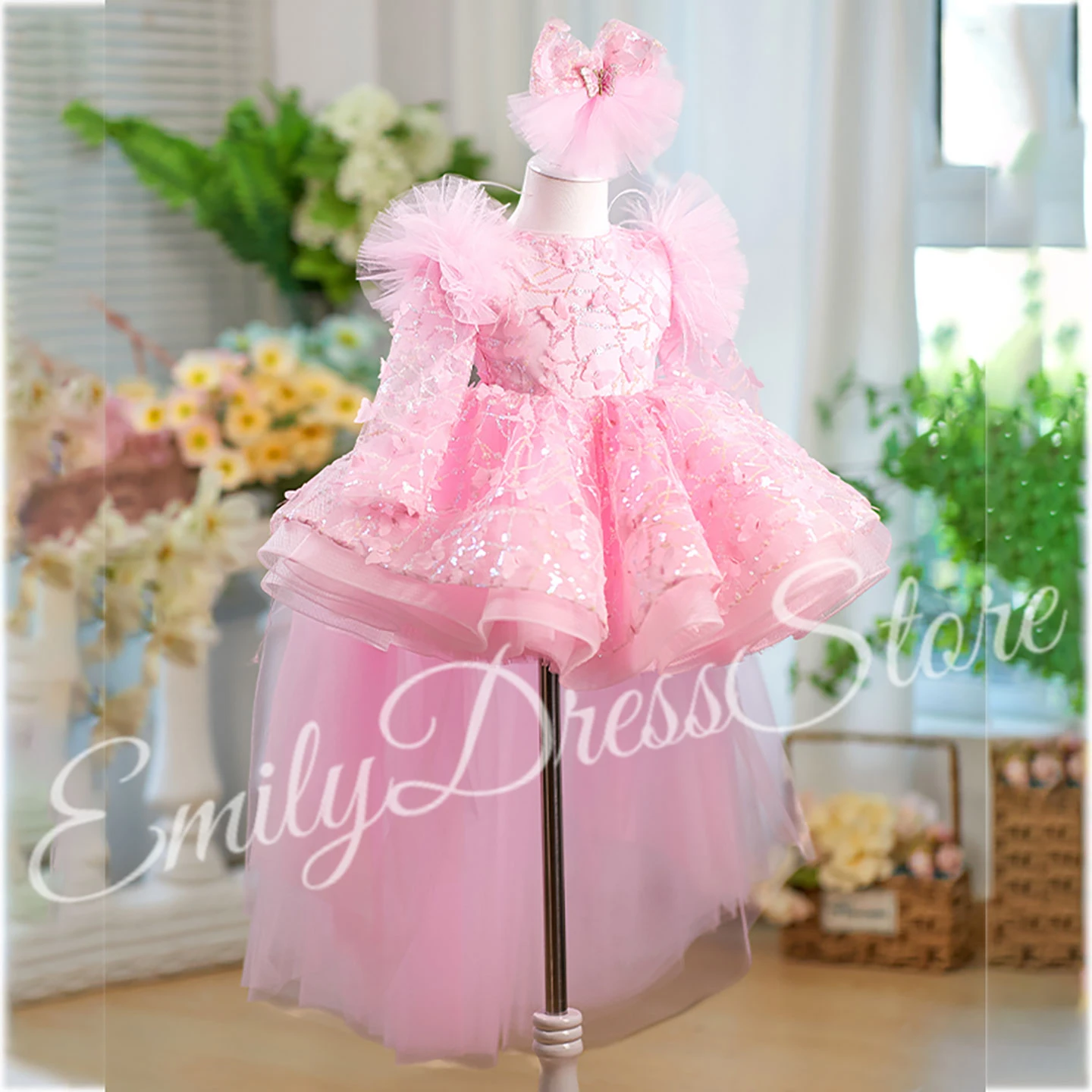 

Customized Pink Flower Girl Dress For Wedding Shining Sequins Puffy Cute Baby Kids Birthday Party First Communion 2025 Ball Gown