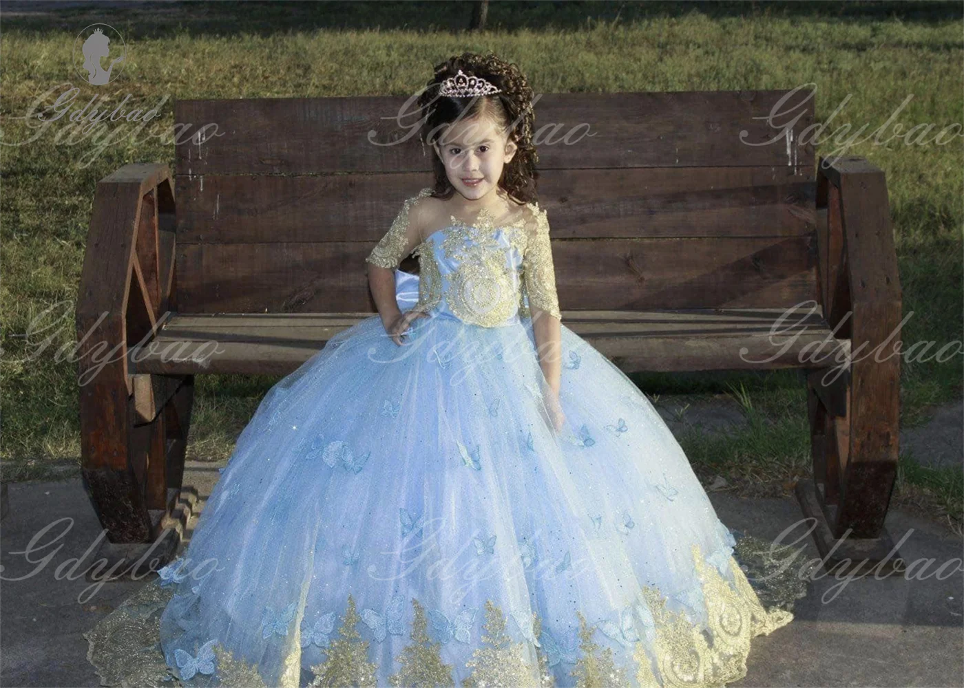 Vestidos de fiesta de boda para niña, vestidos de flores azul claro para niños pequeños con lazo, encaje dorado, desfile, comunión, vestidos largos personalizados