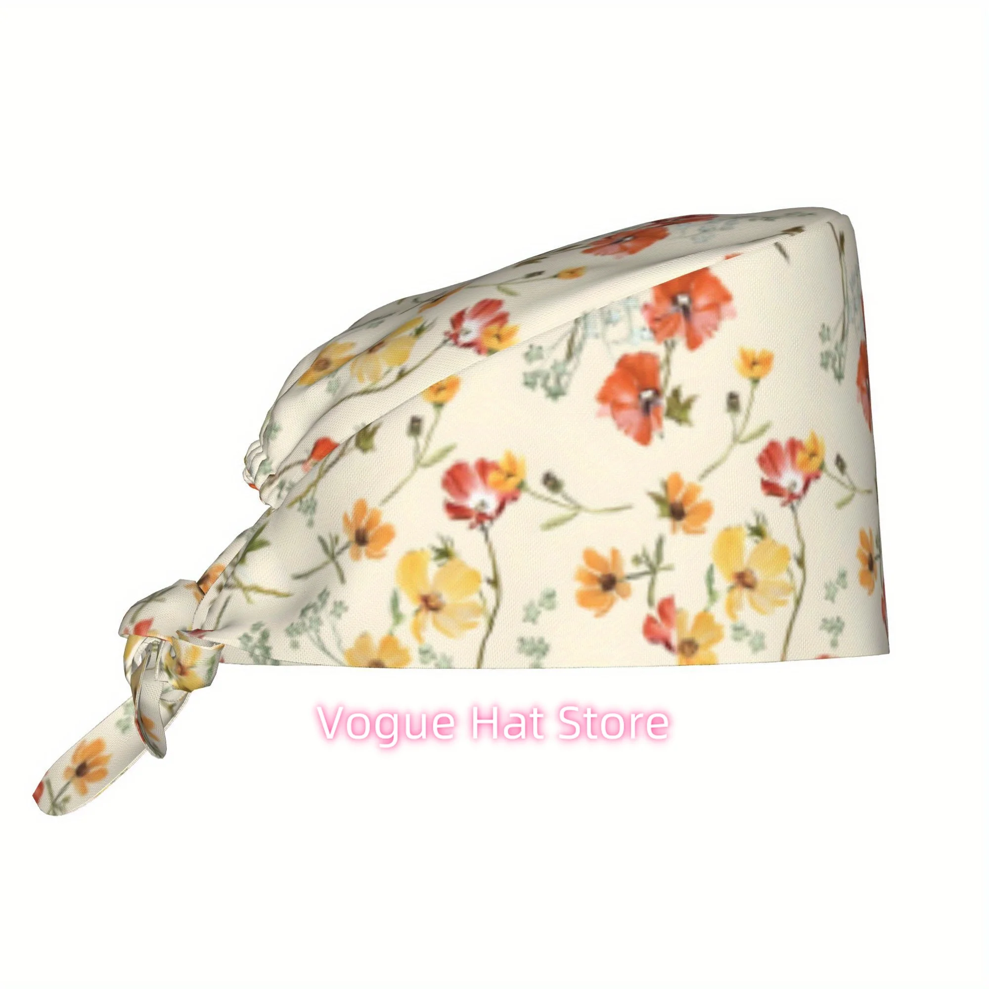 1pc Plants Flowers Unisex Stylish Printed Work Cap - Lightweight Adjustable Skull Cap Tie-Back Nurse Hat, Dustproof Chef & Cooki