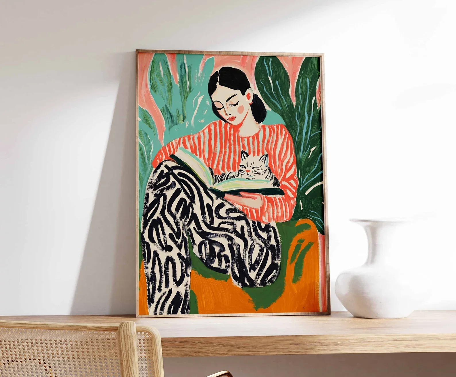 Buchkunst, Katzenposter, Leseposter, Retro-Poster, Frauendruck, Bibliothekskunst, Vintage-Poster, Geschenk für Buchliebhaber, Boho-Wandkunst