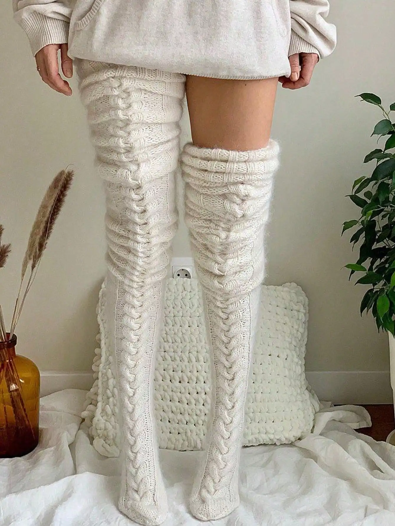 

Warm Y2k Over-The-Knee Knitted Socks. 1 Pair, solid/striped/twisted—fashionable winter/Christmas leg covers.