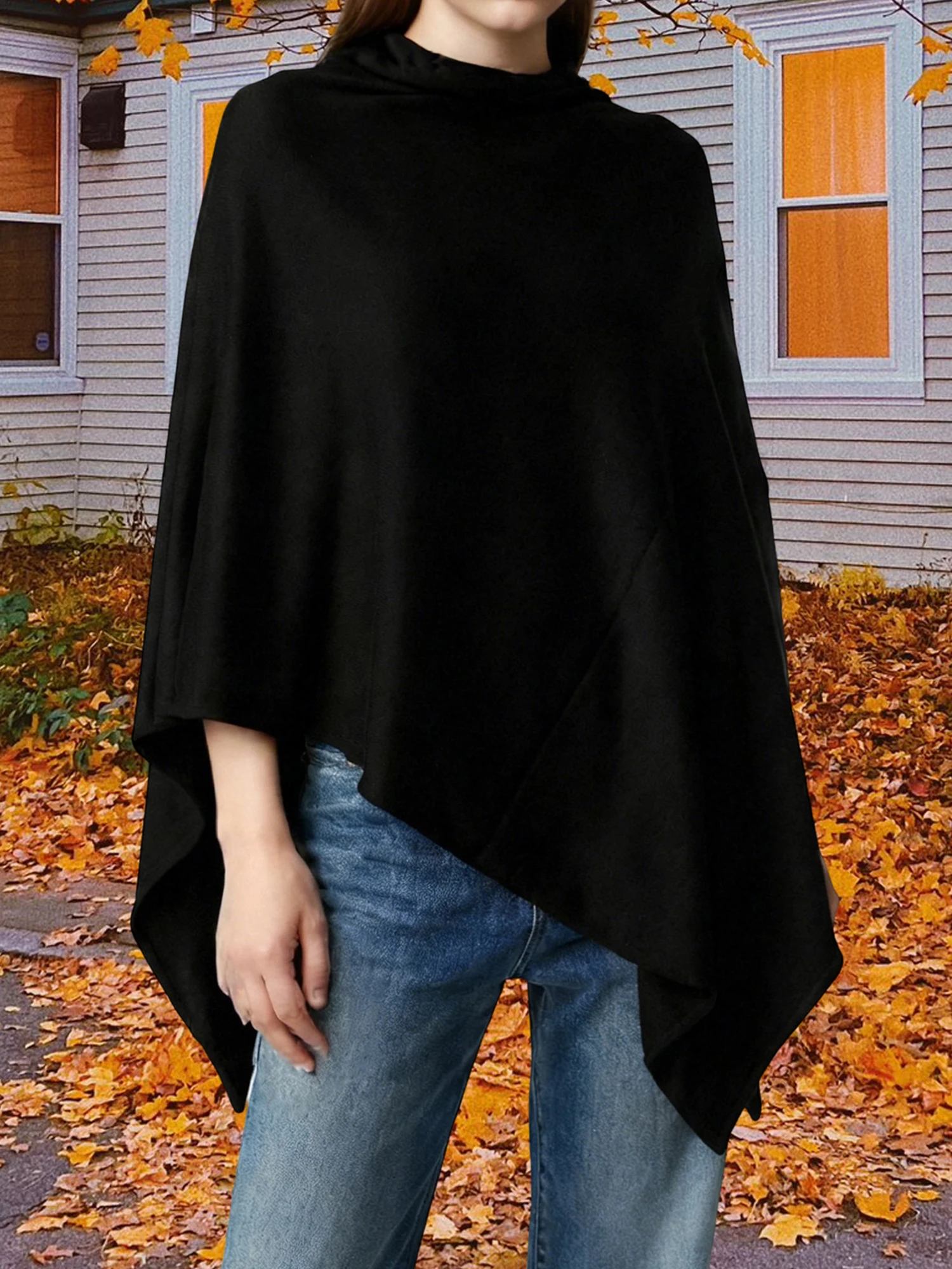 المرأة المتضخم الياقة المدورة سترة المعطف كيب متماسكة البلوز شال التفاف بلون غير المتكافئة معطف فوقي