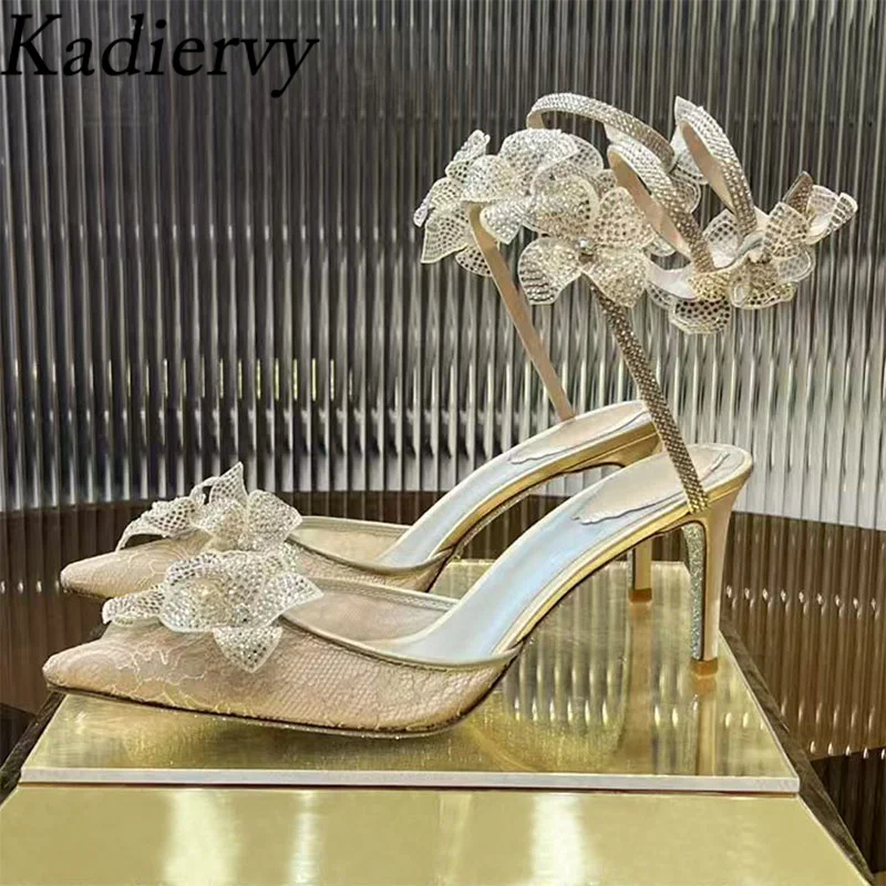 Summer High Heels Women Pupms Crystal Flower Snake Twine Around Ankle Strap Wedding Shoes Pointed Toe Stiletto Sandals Woman