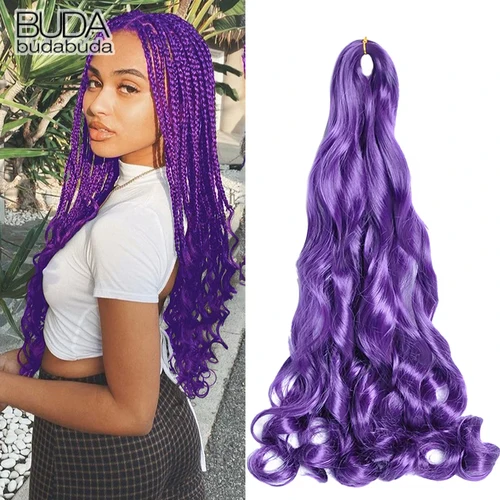 Cabello trenzado rizado francés, extensiones de cabello hinchables preestiradas moradas de 24 pulgadas, rizos en espiral ondulados sueltos sintéticos, trenzas de cabello