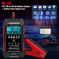 Konnwei RC-10 12V 10A & 24V 5A Battery Charger Battery Pulse Repair Tool for Lead-acid Automotive, Marine, Deep-cycle Batteries