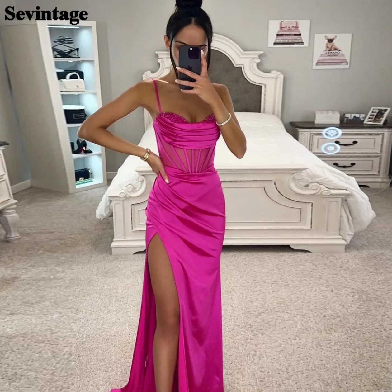 Customized Bright Fuchsia Silk Satin Prom Dresses Appliques Pleats Women Formal Evening Dress Split Side Spaghetti Strap Outfits