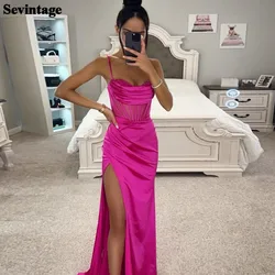 Customized Bright Fuchsia Silk Satin Prom Dresses Appliques Pleats Women Formal Evening Dress Split Side Spaghetti Strap Outfits