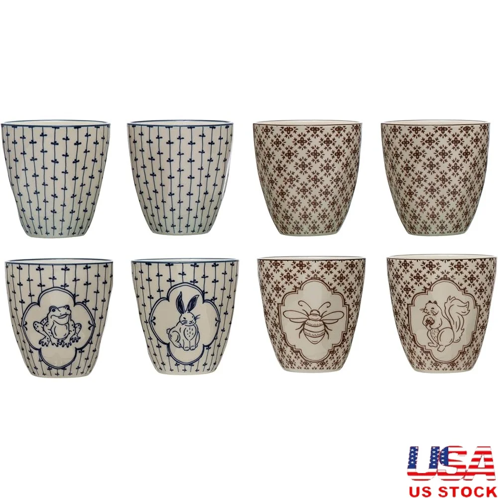 

Stoneware Mugs Set of 4 Hand-Painted Fauna Food Safe Dishwasher Safe Cottage Inspired Modern Animal Design