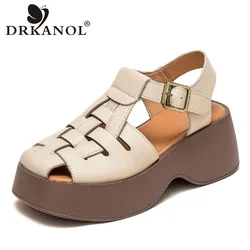 DRKANOL sandali con plateau da donna 2024 sandali con zeppa con cinturino alla caviglia in vera pelle fatti a mano scarpe estive con aumento dell'altezza delle donne