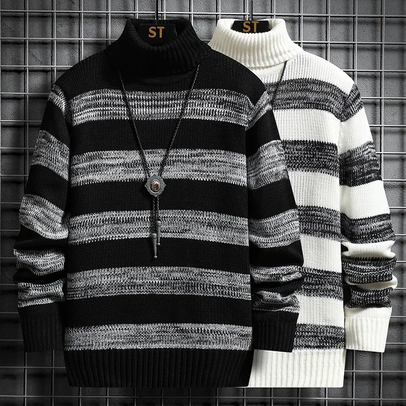 

New Turtleneck Sweater Pullover Men Fashion Striped Knitted Slim Fit Knittwear Sweater Mens Casual Sweaters Winter Pullovers