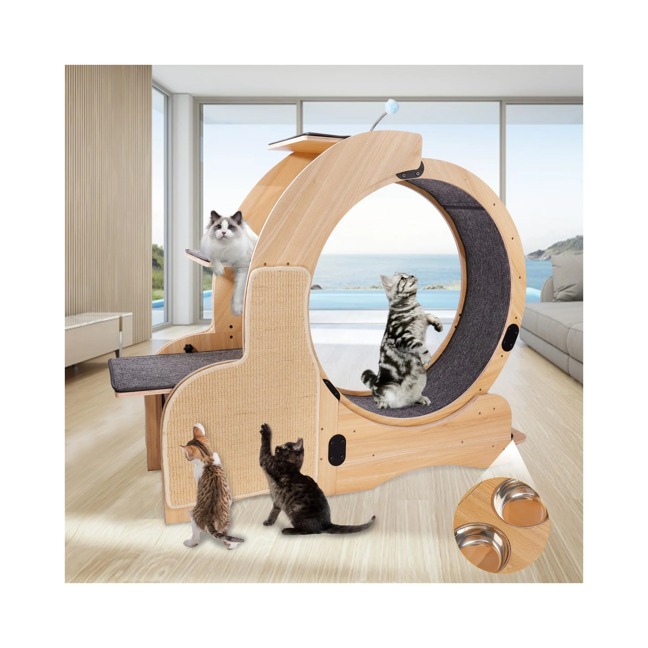 

Wooden Wide Cat Walking Wheel Cat Exercise Wheel Treadmill Large Cat Wheel with Feeder and Nest for Running