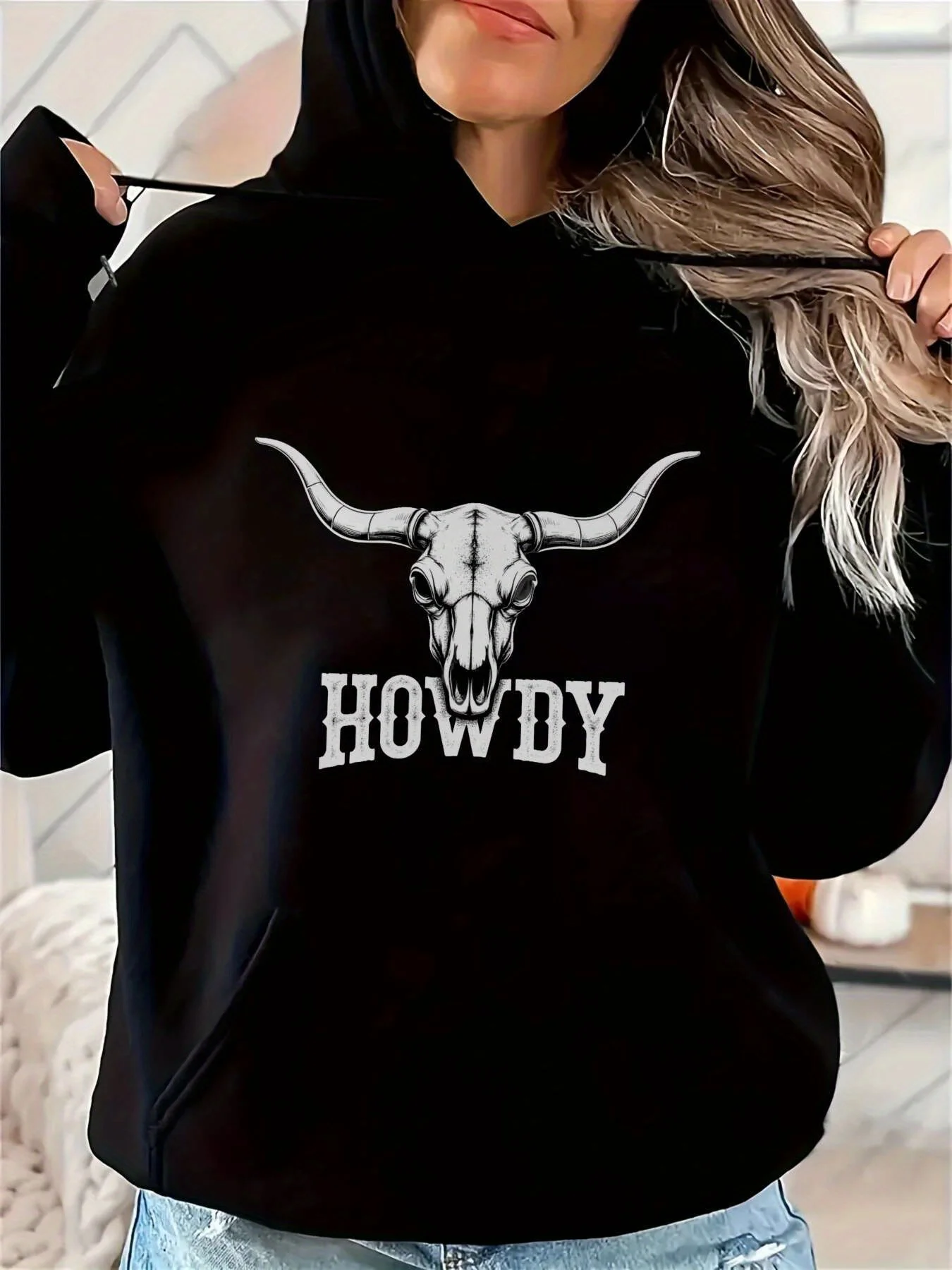 

Женская черная толстовка с черепом быка и графическим принтом HOWDY — повседневный пуловер свободного покроя, средняя стрейч, можно стирать в машине