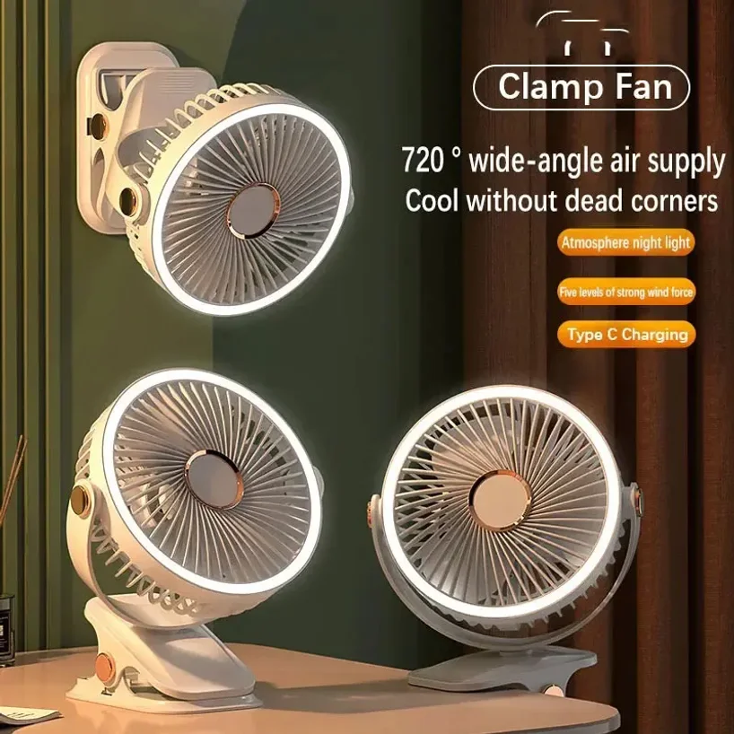 

Camping Fan Rechargeable Desktop Portable Air Circulator Wireless Ceiling Electric Fan With LED Light Clip-on Home Fan 8000mAh