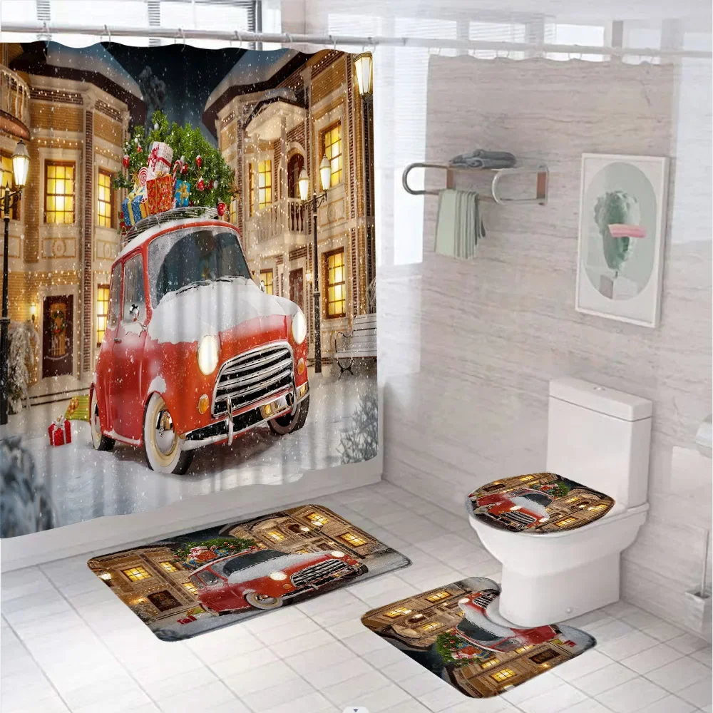 4Pcs Red Truck Christmas Shower Curtain Set Xmas Gift Winter Snowflake New Year Bathroom Curtains Bath Mat Rug Lid Toilet Cover