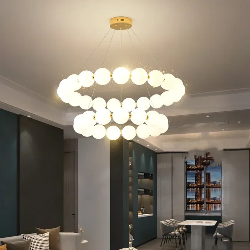 Pearl Necklace Ring Chandelier LED Acrylic Bubble Chandelier Dimmable Lusters Fixture for Living Room Hanging Dining Room Lights